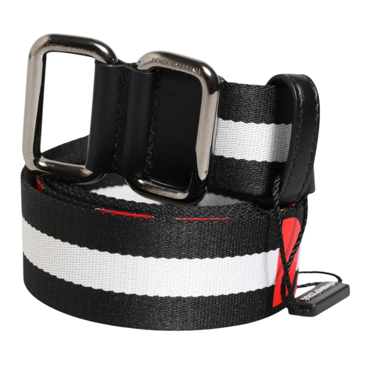 DOLCE & GABBANA Belt Black White Striped Logo Metal Buckle 105cm