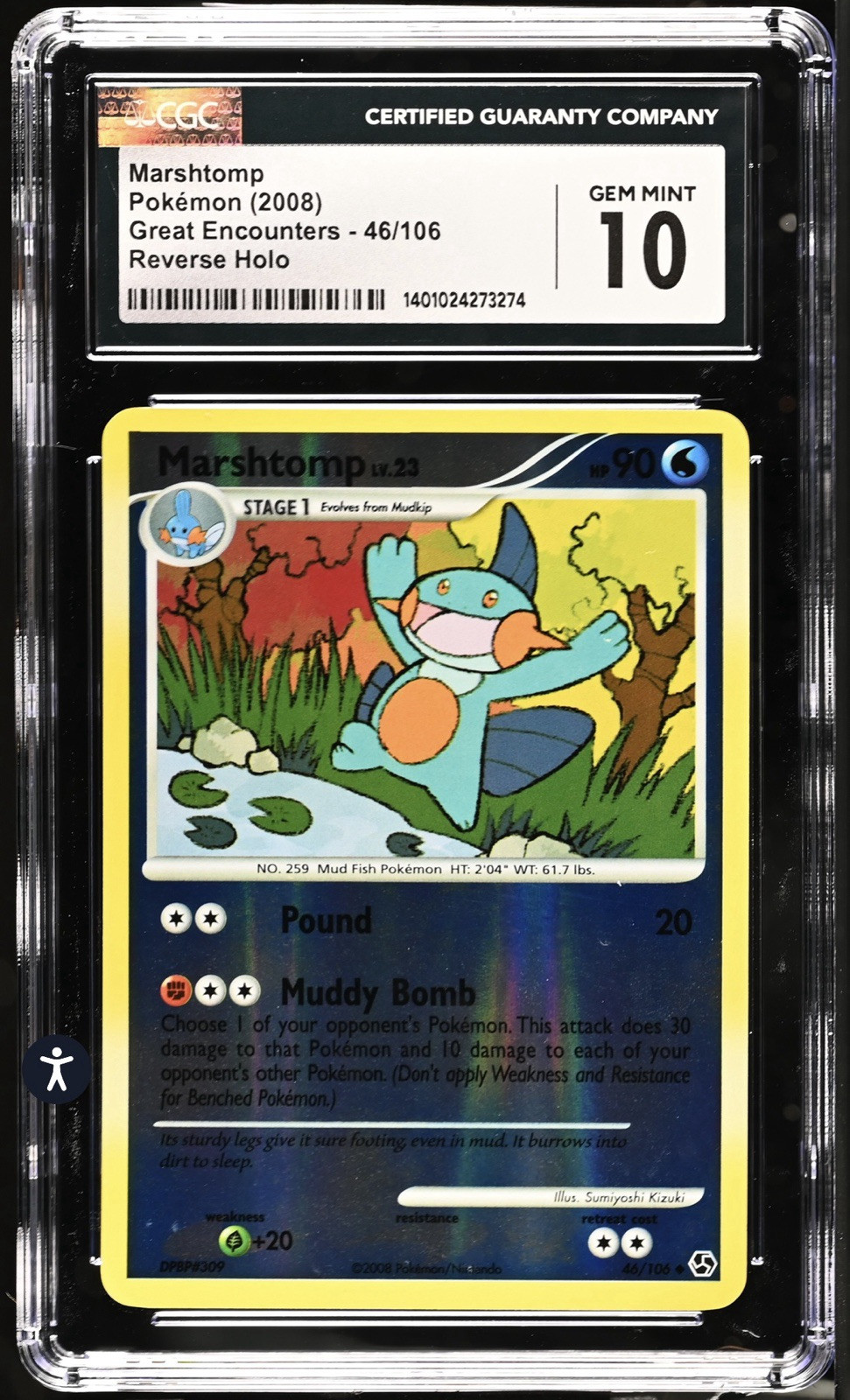 2008 Pokemon Great Encounters Reverse Holo 46 Marshtomp CGC 10 Gem Mint