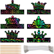 DIY Scratch Art Paper Crowns Kit 12 Black Scratch Paper Crowns with 6 Wooden Sty