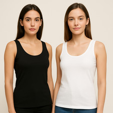 2 PACK WOMENS SCOOP NECK SLEEVELESS LADIES LONG STRETCH PLAIN VEST T-SHIRT TOP