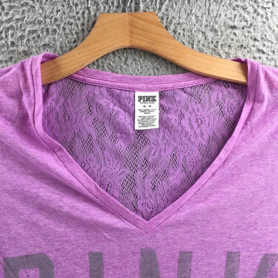 Victoria's Secret PINK Top Womens M Purple V-Neck Tee Lace Back Graphic Logo - Image 3 of 4