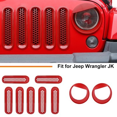 Red 9x Front Grill Inserts Headlight Accessories Covers for Jeep Wrangler JK 07+