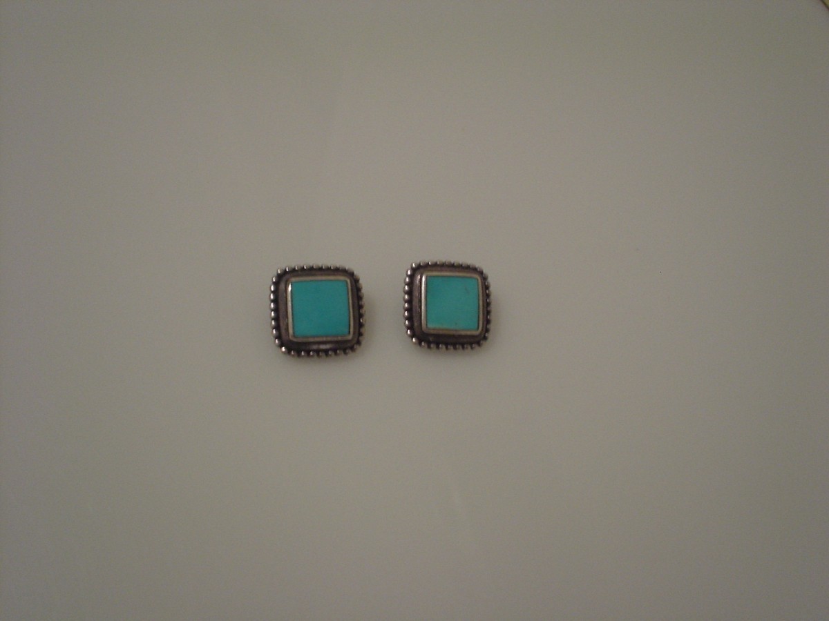 Boucles D'oreilles Clips Argent Sterling 925 - Carrées Incrustées Vert/bleu - Occasion