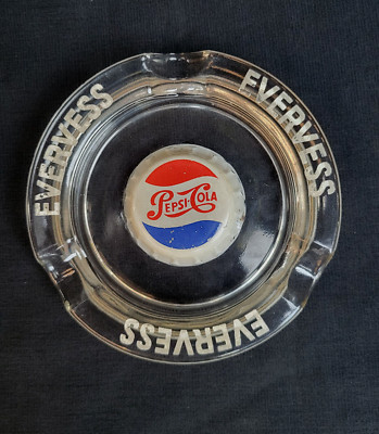 VINTAGE OLD ADVERTISING SIGN GLASS CIGARETTE ASH TRAY PEPSI-COLA EVERVESS RARE