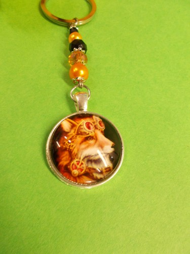 PUNK FOX GLASS DOME CABOCHON CHARM ON A CRYSTAL BEAD KEY RING KEYRING # 7 - Picture 5 of 12