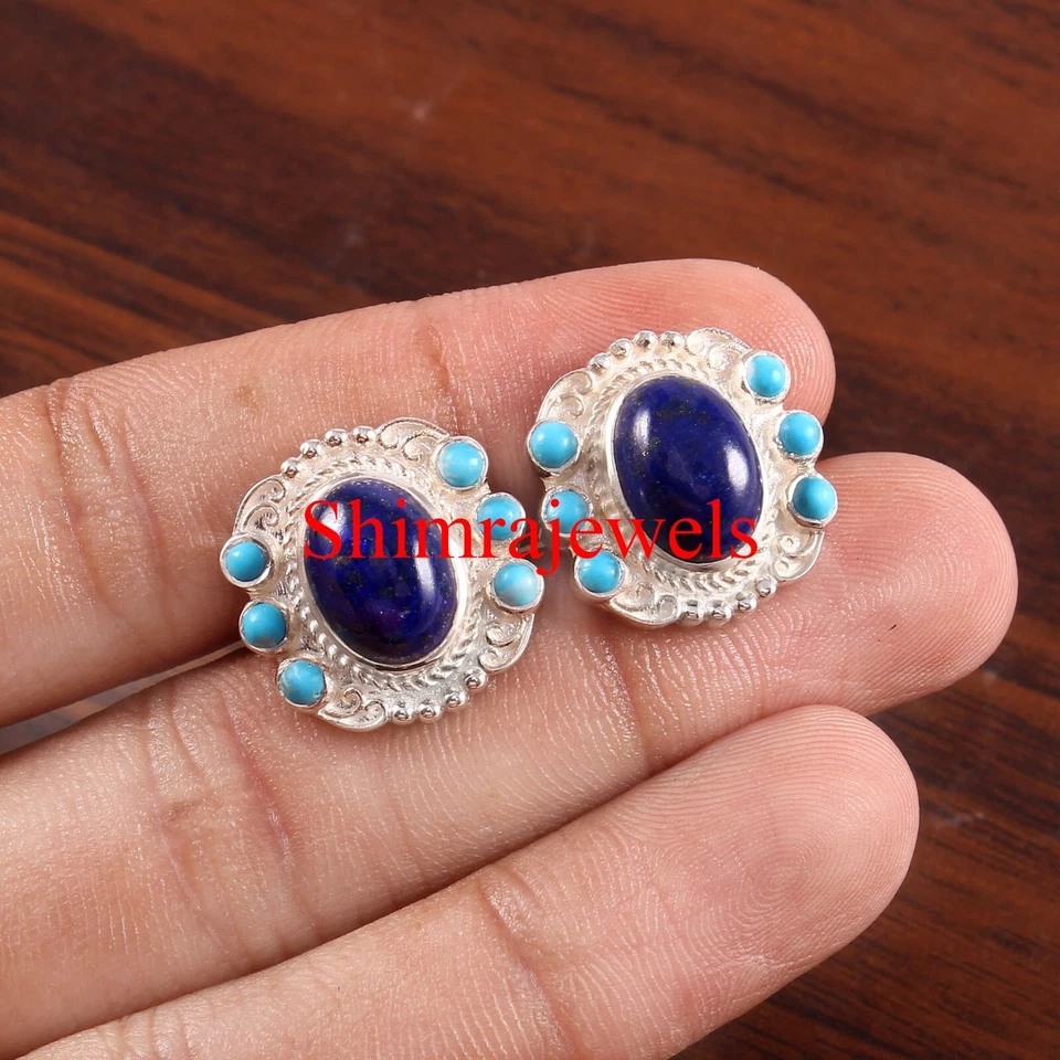 Lápis-lazúli natural e turquesa com abotoaduras de prata folheadas a ouro branco 18k 681 - Imagem 3 de 4