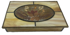 Vintage Stained Glass Pressed Flowers Trinket Box w/Hinged Top and Mirror Bottom