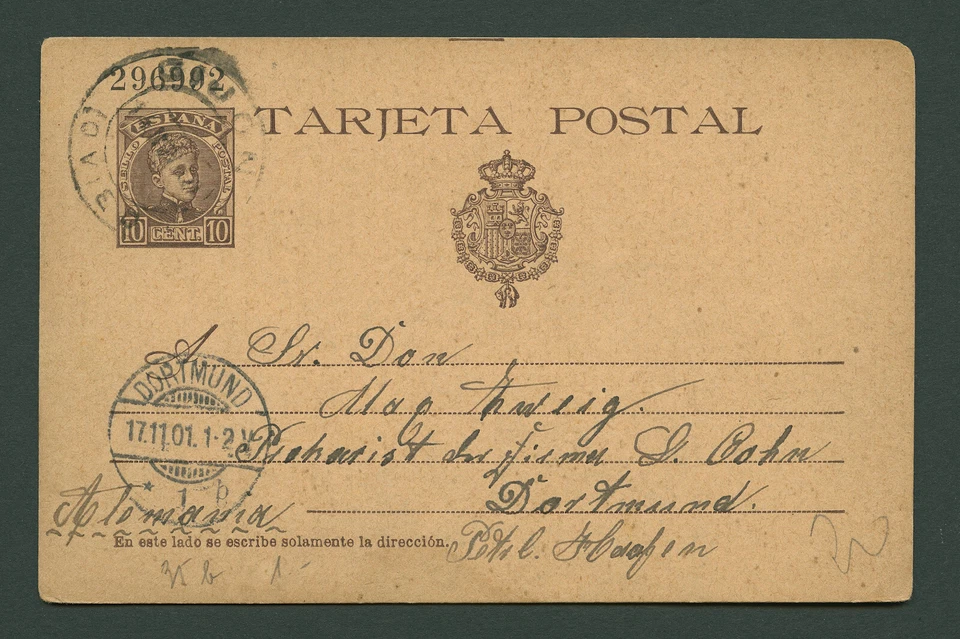 Spanien Espana 1901 Postkarte TARJETA POSTAL 10 Cs Gijon  to Germany Dortmund - Bild 1 von 2