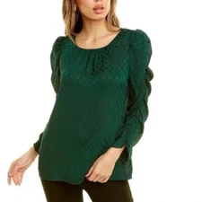 Max Studio Jacquard Shine Polka Dot Puff Sleeve Blouse NWOT Hunter Green Sz M