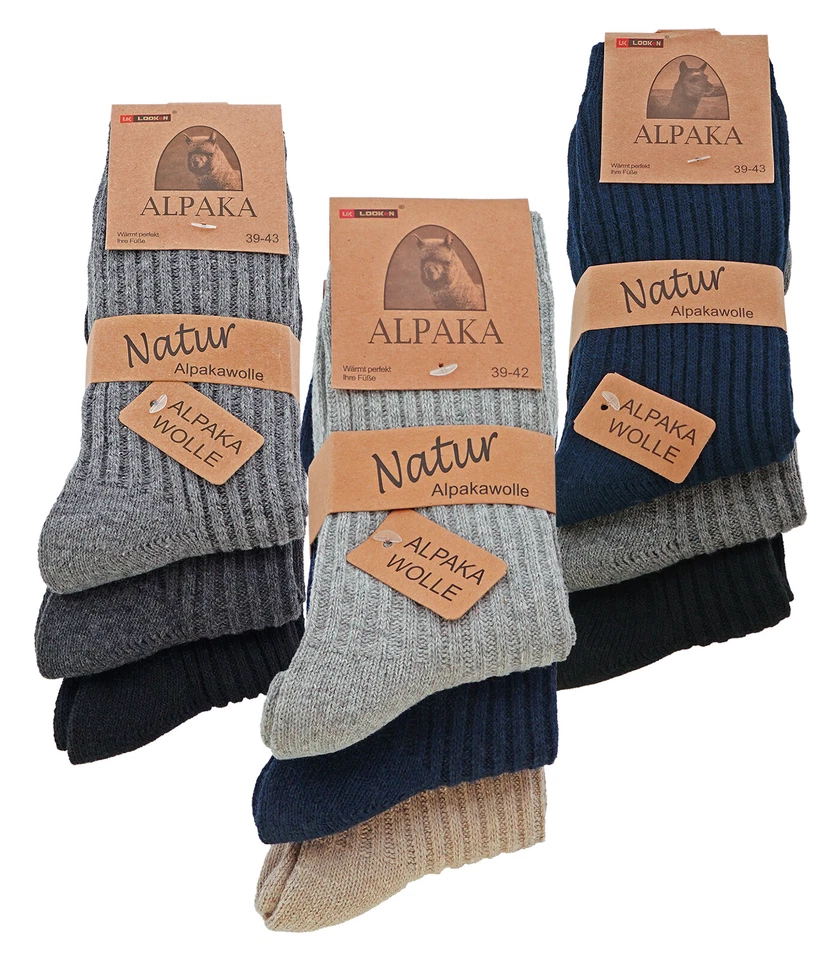 + Alpaka Socken Wollsocken Outdoorsocken warm - 3 Paar verschiedene Farben