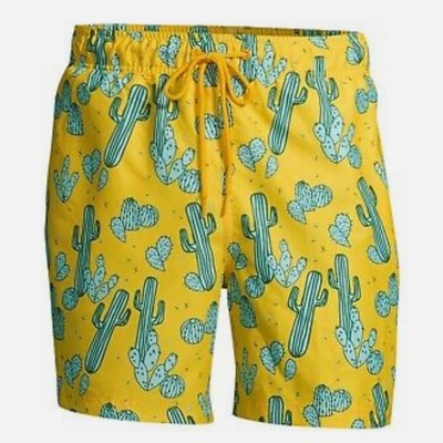 GEORGE Swim Trunks Green Cactus Print Board Shorts Olympic Gold 6'' Men's Medium