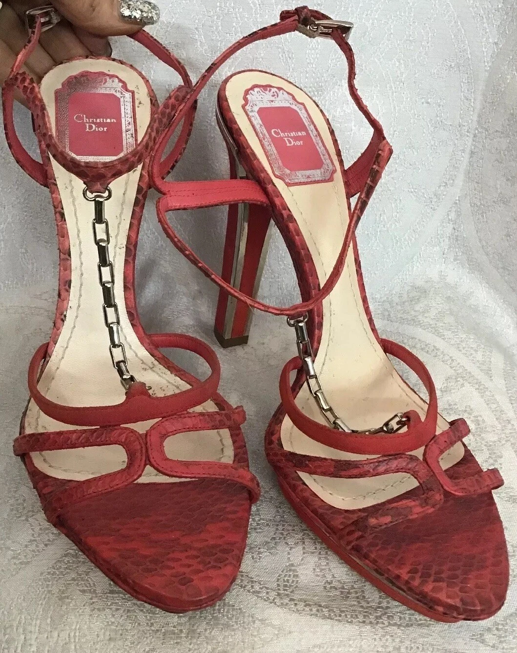 Chaîne à sangle en T Chaussures Christian Dior Serpent Corail Argent Taille 39 1/2