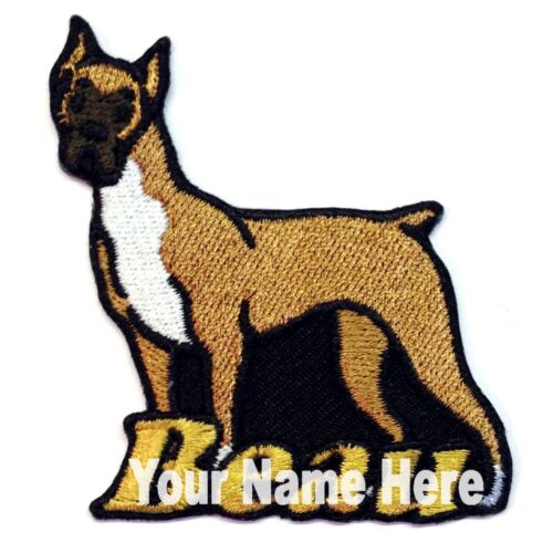 Boxer Hund maßgeschneidertes Aufbügeln Aufnäher mit Namen personalisiert kostenlos - Bild 1 von 2