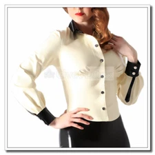 Latex Blouse Snap Button Cup Pleated Cuffed Sleeve Contrasting Customized G21