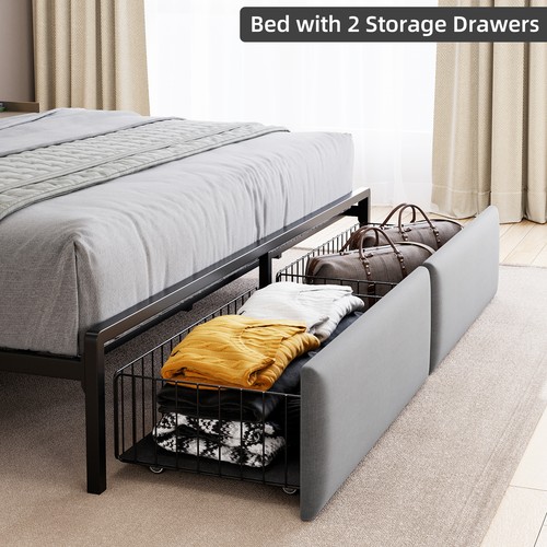 Bed Frame Platform Full Queen King Size with LED Upholstered Headboard 2 Drawers - Picture 5 of 19