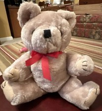Plush Stuffed Tan Teddy Bear Jointed Posable 9  Red Bow