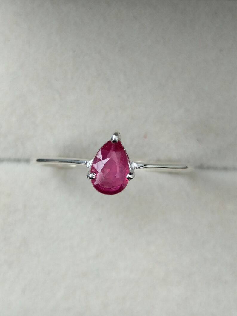 Natural Pear Cut Ruby 925 Sterling Silver Minimalist Women Dainty  Ring