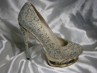 Damen Plateau Pumps 39 COUTURE SWAROWSKI KRISTALL GOLD  Neu Hochzeit Glamour