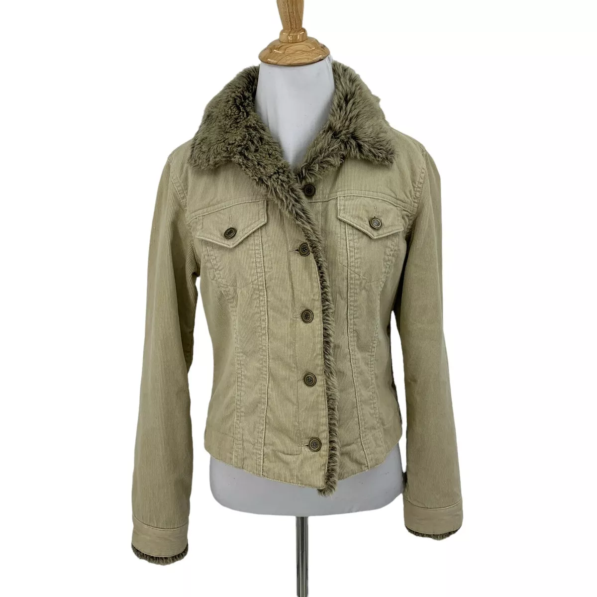 Principles Faux Fur Corduroy Jacket Womens 8 Beige Fleece Lined Button Front