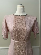 Antique 1920s Pink Silk Jacquard Flapper Dress Soutache Bugle Bead Fringe Deco