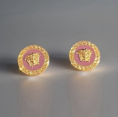 NIB Versace Icon Medusa Greca Earrings Gold Tone Purple Engraved Unisex $475