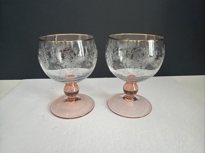 Vintage Bohemia Crystal Queen's Lace Wine Glasses Pink Ball Stem Gold Rim x2
