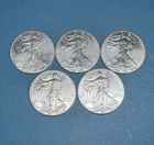 Five 2013Walking Liberty US $1 Uncirculated 1oz Silver Coins