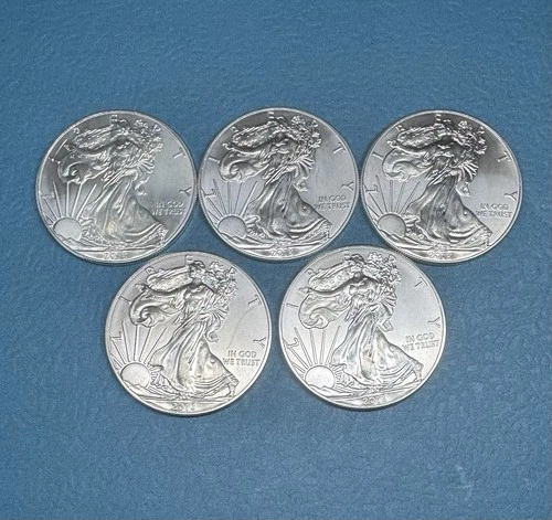 Five 2013Walking Liberty US $1 Uncirculated 1oz Silver Coins