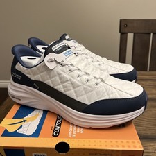 SKECHERS Slip-Ins Cozy Fit White/Navy Machine Washable Lace Up Size 12 …R8
