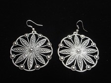 Vintage Silver Tone Mandala Floral Hoop Earrings   Large Bohemian Statement Jewe