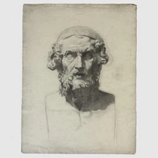 Antique French Neoclassical Portrait Bust of Homer (Charcoal on Wove Paper)