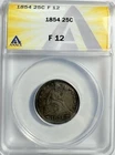 1854 P Seated Liberty Silver Quarter - ANACS F12 25c - Free Shipping