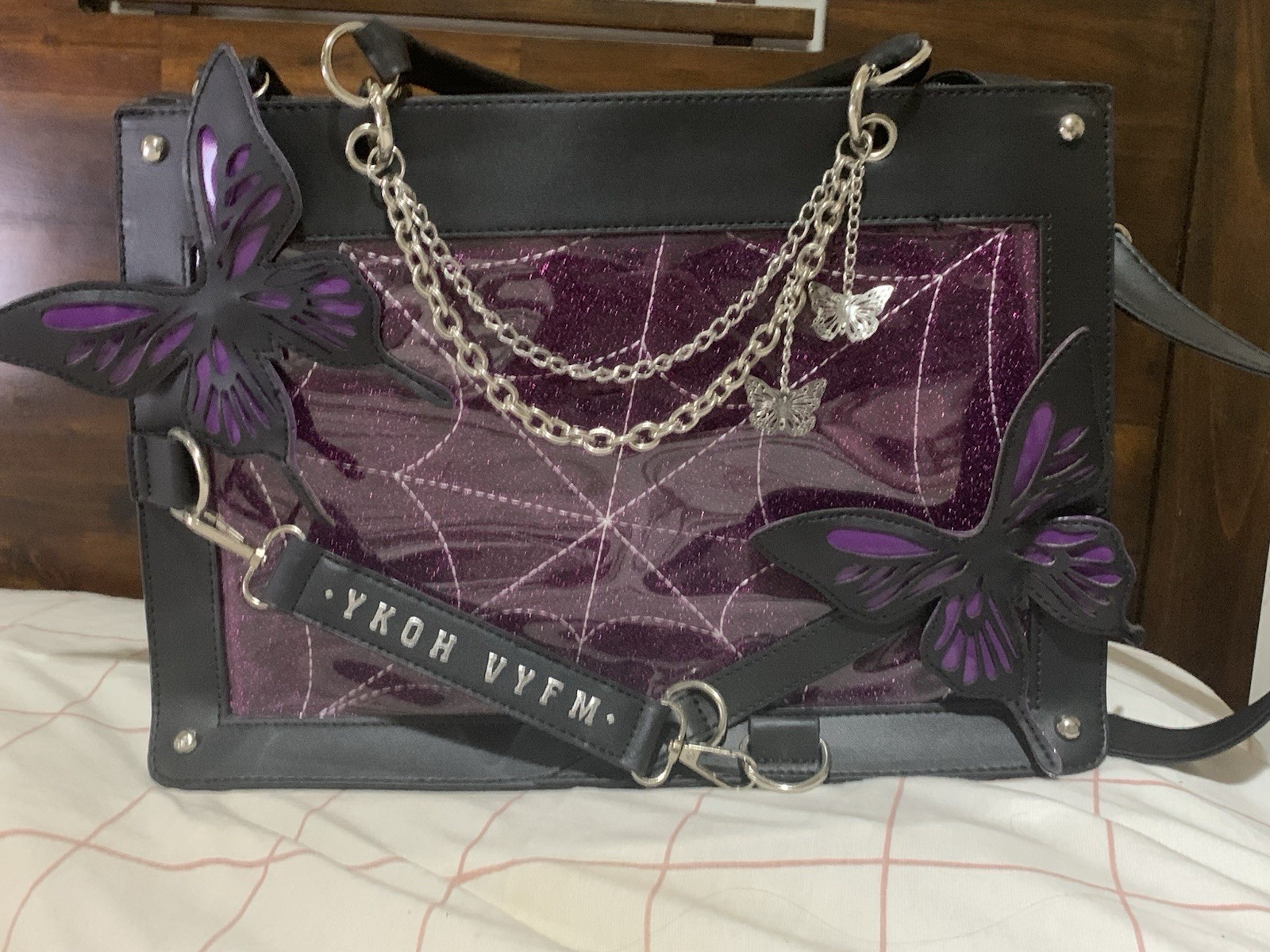 YKOH VYFM black purple glitter butterfly gothic spiderweb handbag