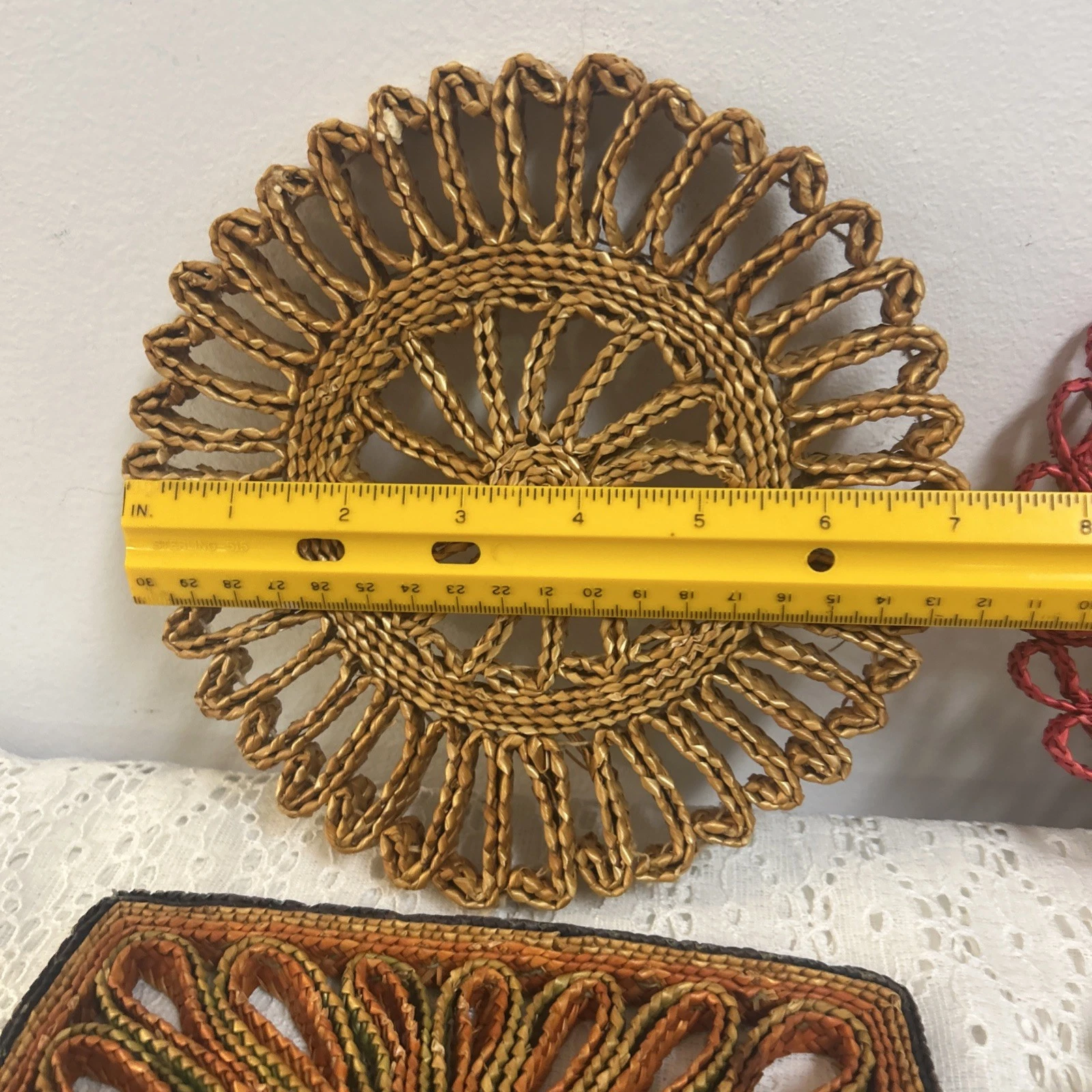 Vintage Hand Woven Straw Colorful Hot Pads Trivets Set Of 4 MCM 1970s Boho Retro image 13