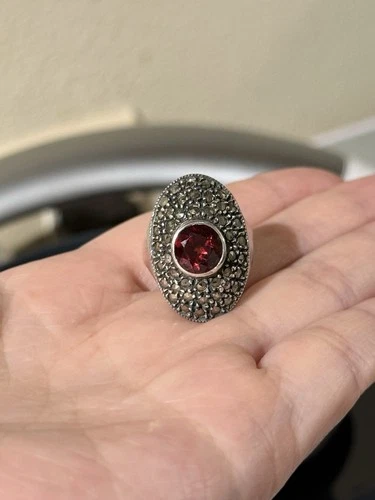 VTG Judith Jack Sterling Silver Marcasite Garnet Art Deco Style Ring Size 7 9.4g