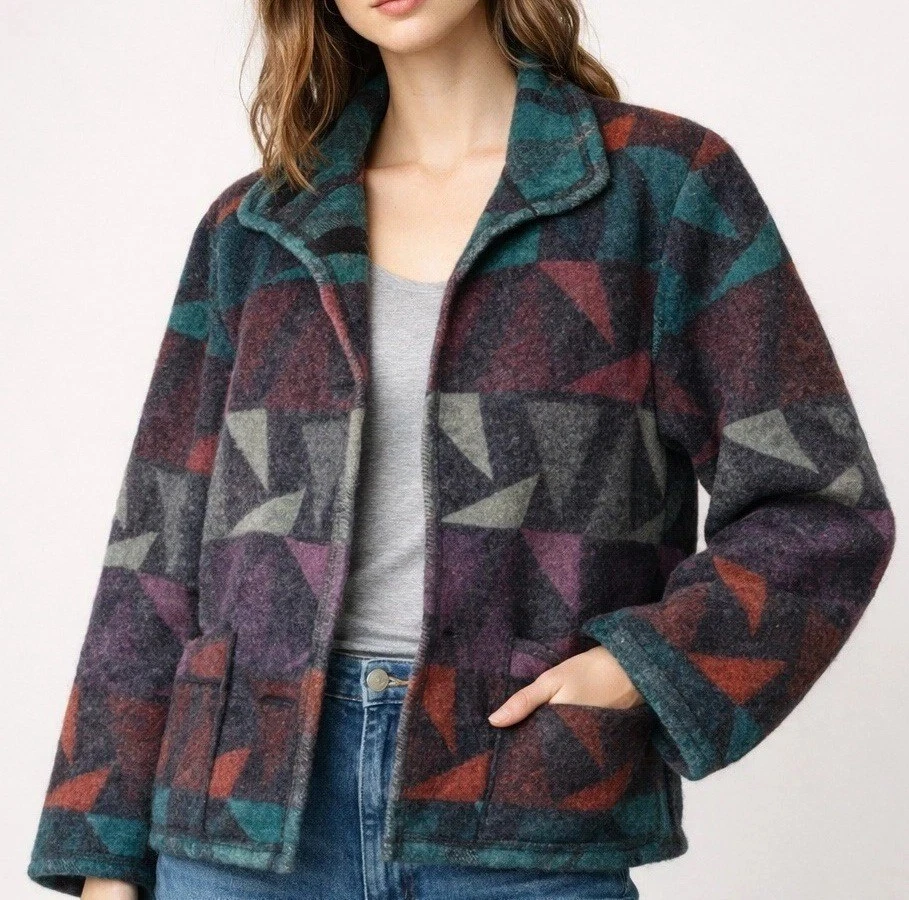 Canvasbacks Wraps Wool Jacket Women XS Multicolor Aztec Geo Vintage 80s 90s USA