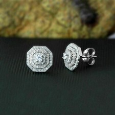1.25Ct Round Cut Real Moissanite Cluster Stud Earrings 14K White Gold Plated