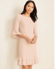 New Ann Taylor Pastel Pink Flare 3/4 Sleeve Boat Neck Flounce Hem Sheath Dress 4