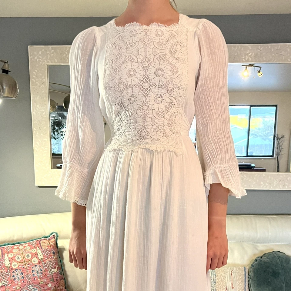 Gunne Sax Cream Gauze & Lace Maxi Dress Cottagecore Prairie Dress Boho Wedding S - Image 2 of 4