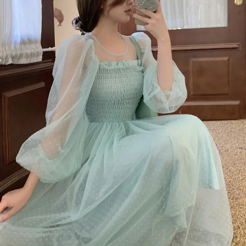 Elegant Vintage Mesh Fairy Dress Women Beach Long Dress