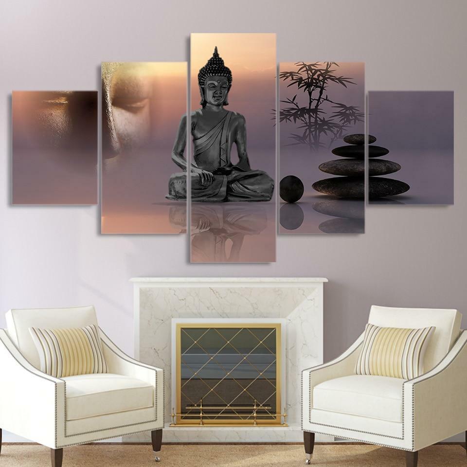 Buddhism Zen Buddha Statue Framed 5 Piece Canvas Wall Art Painting