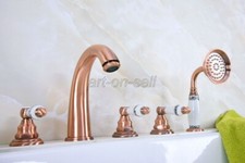 Bathroom 5 Holes Deck Mount Roman Tub Faucet Red Copper Bath Tub w/ Side Spray