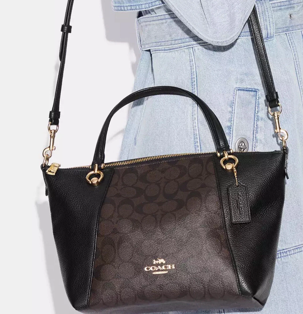 Borsa a tracolla Coach Kacey in tela firmata marrone nero C6230 Nuova con etichette