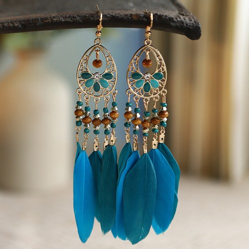 Pendientes étnicos bohemios con flores para mujer Pendientes de borla de plumas de color bohemio vintage - Imagen 8 de 16