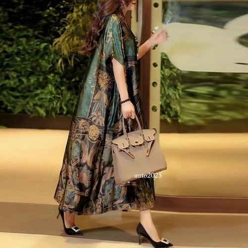 Women's Silk Printed Maxi Dress Kaftan V-neck Long Robe Retro Loose Fashion Lady - Picture 11 of 15