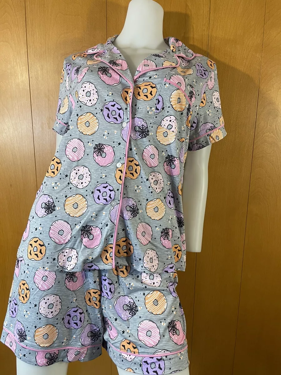 New Jaclyn Intimates Halloween Donut Bats Button Up Top Shorts