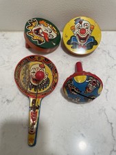 Vtg 1950s US Metal Toy Mfg Co Tin Noisemakers - Lot of 4- Clowns