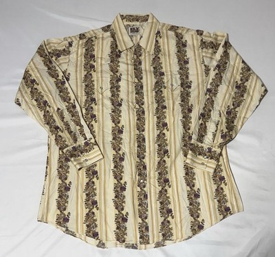 70s ELY Cattleman Western Shirt Mens XL Rose Floral Stripe Pearl Snap Ranch