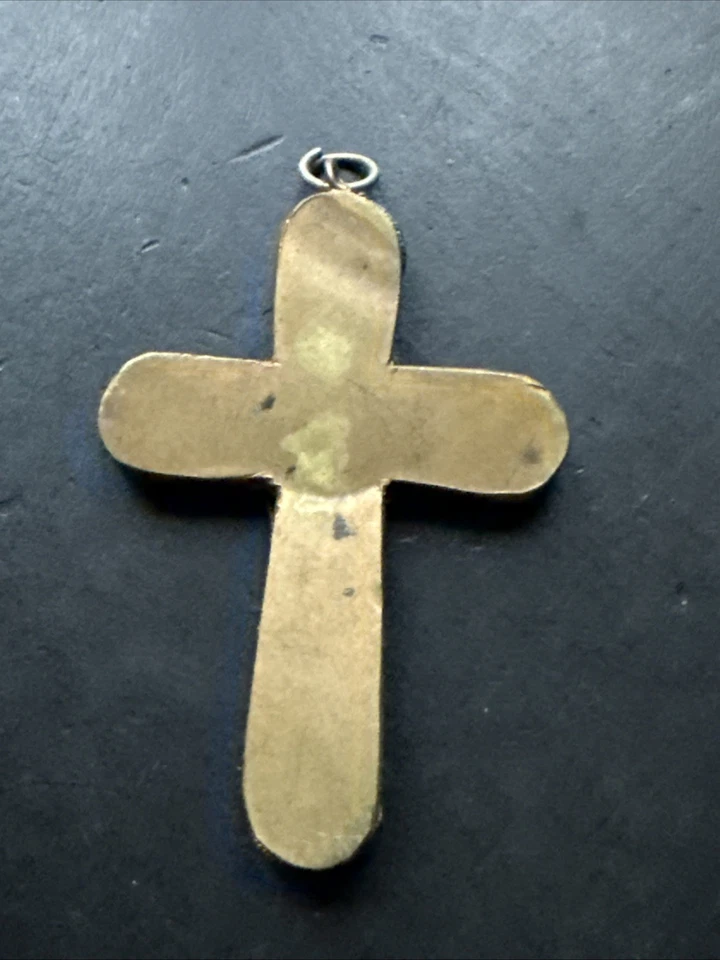 Ancien Pendentif Metal Doré Micro Mosaïque croix - Photo 2/4