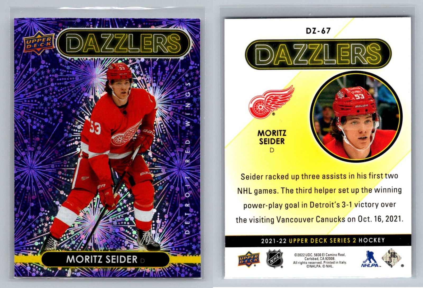 2021-22 Upper Deck Moritz Seider RC Dazzlers Purple DZ-67 Rookie  Detroit